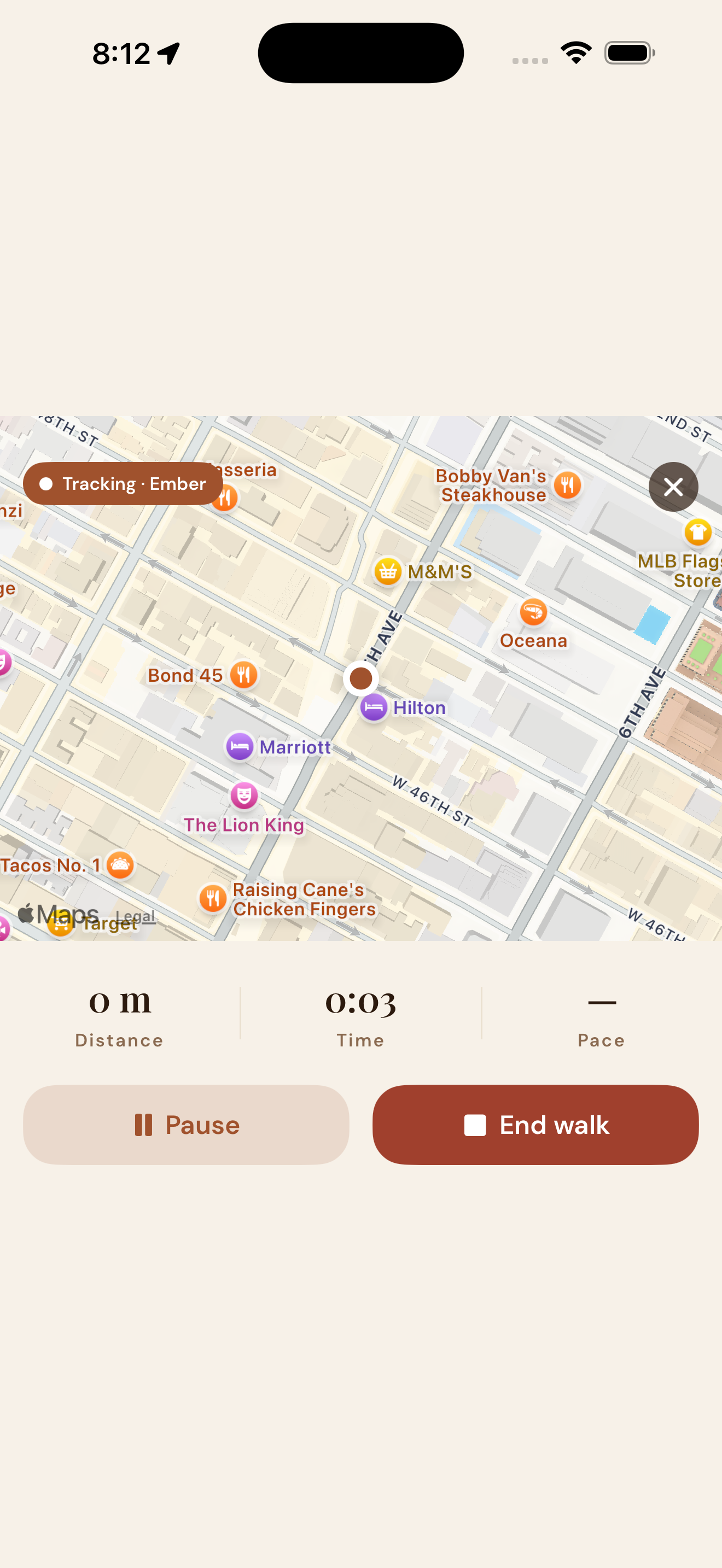 EmberPaws tracking a walk in progress — a live map traces the route with a 'Tracking · Ember' pill, distance, time, and pace counting up below the map, and Pause and End walk buttons at the bottom.