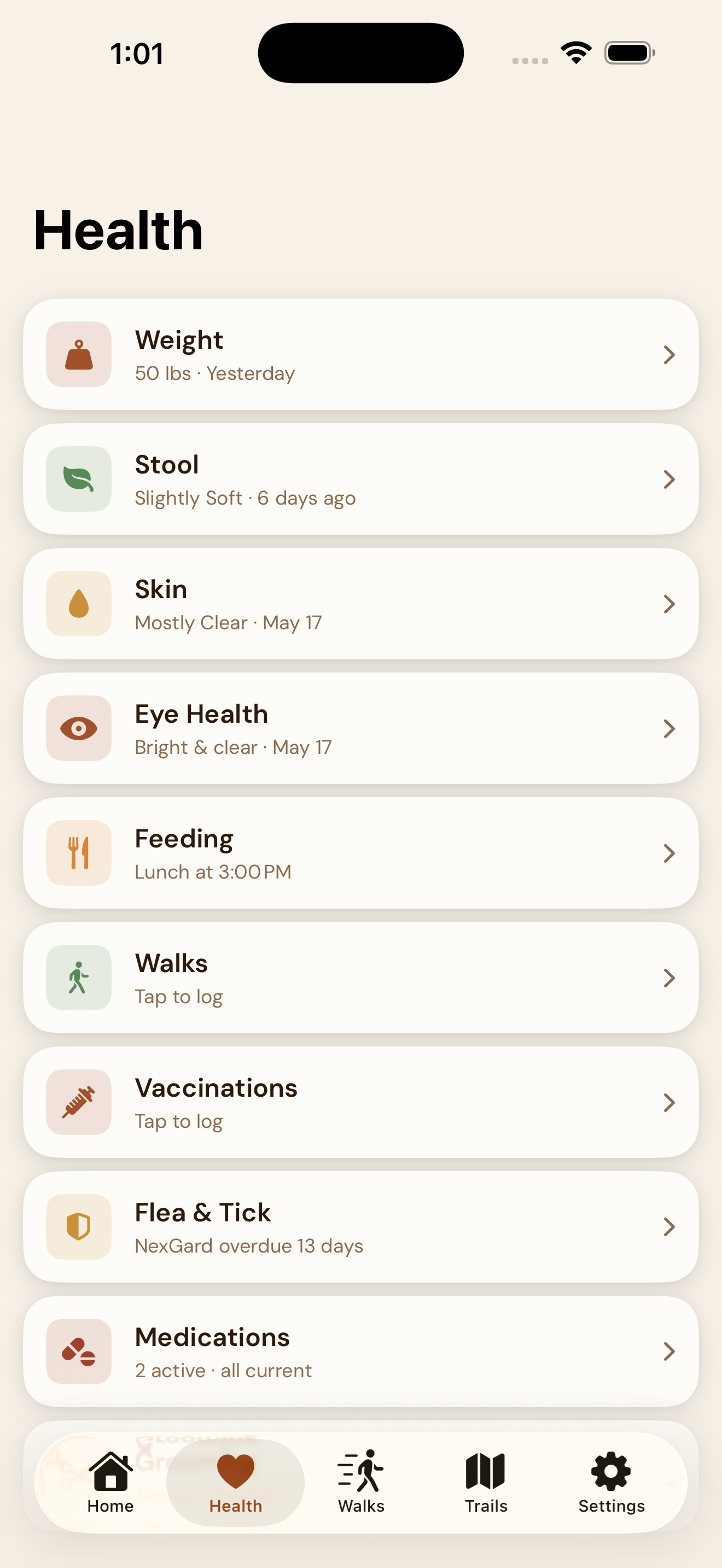 EmberPaws Health Hub — every health category in one list: Weight, Stool, Skin, Eye Health, Feeding, Walks, Vaccinations, Flea & Tick (with a NexGard overdue 13 days reminder), and Medications