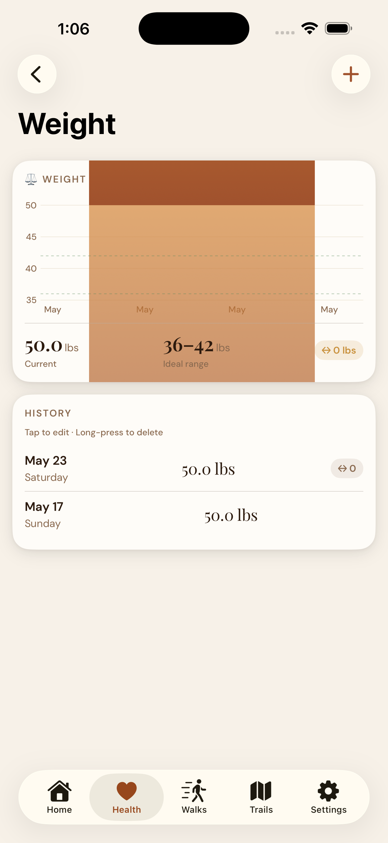 EmberPaws Weight tracker — Ember's current weight of 50.0 lbs charted against an ideal range of 36–42 lbs, with a history list of past entries dated May 23 and May 17
