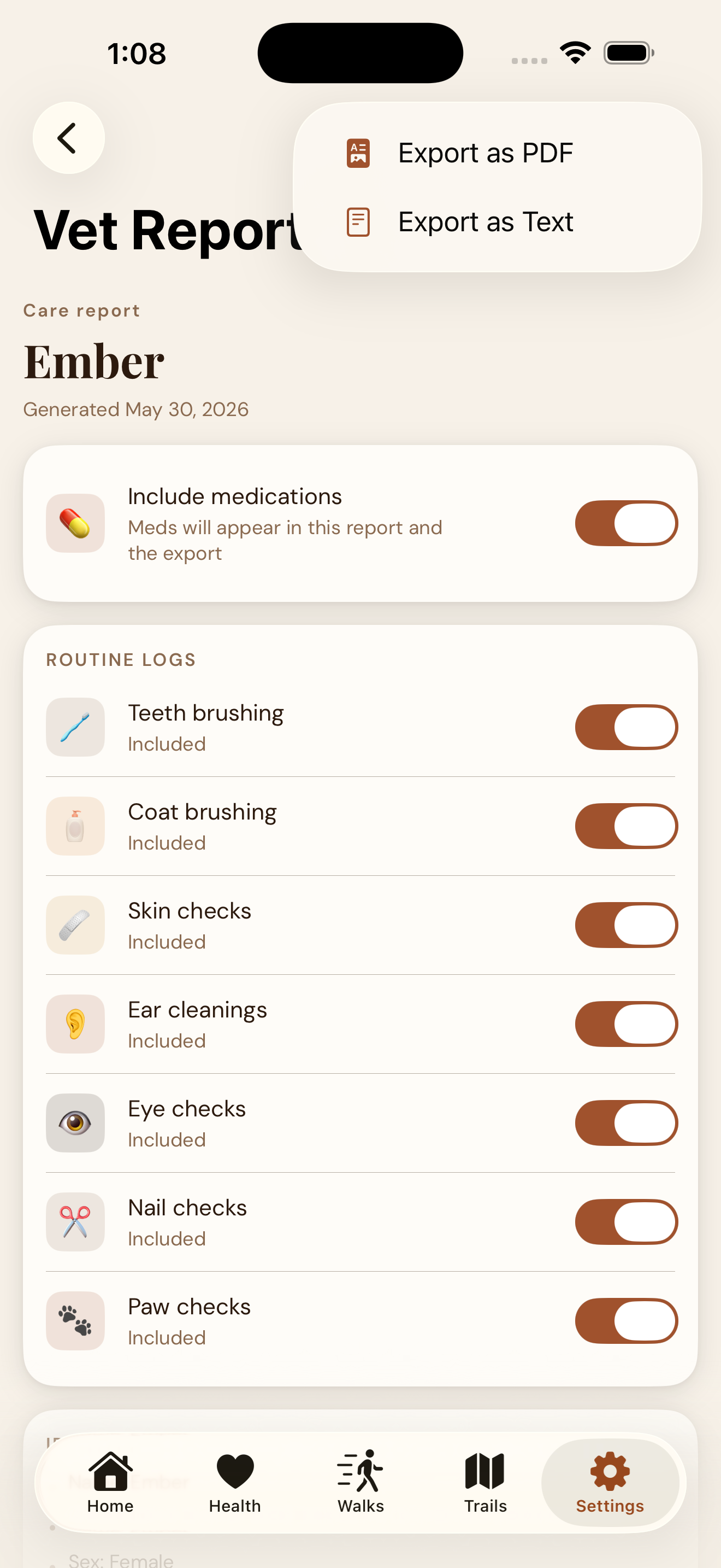 EmberPaws Vet Report editor — choose what's in the export (Include medications toggle plus routine-log toggles for teeth brushing, coat brushing, skin checks, ear cleanings, eye checks, nail checks, and paw checks), with an Export as PDF / Export as Text menu open
