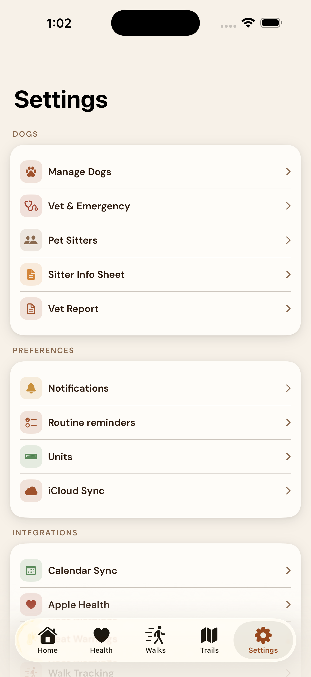 EmberPaws Settings — sectioned into Dogs (Manage Dogs, Vet & Emergency, Pet Sitters, Sitter Info Sheet, Vet Report), Preferences (Notifications, Routine reminders, Units, iCloud Sync), and Integrations (Calendar Sync, Apple Health)