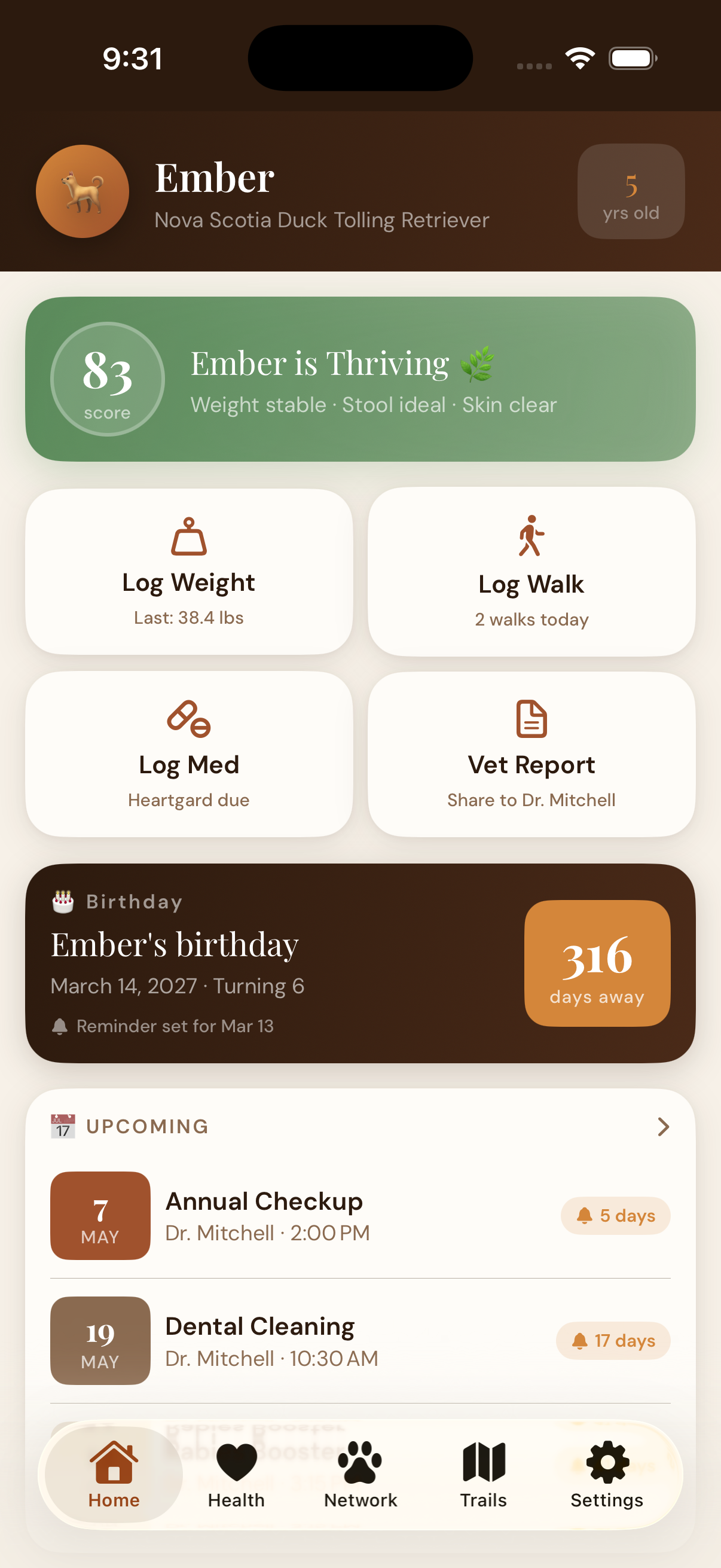 EmberPaws Dashboard — showing Ember Score, Quick Actions, Birthday Countdown, and Upcoming Appointments
