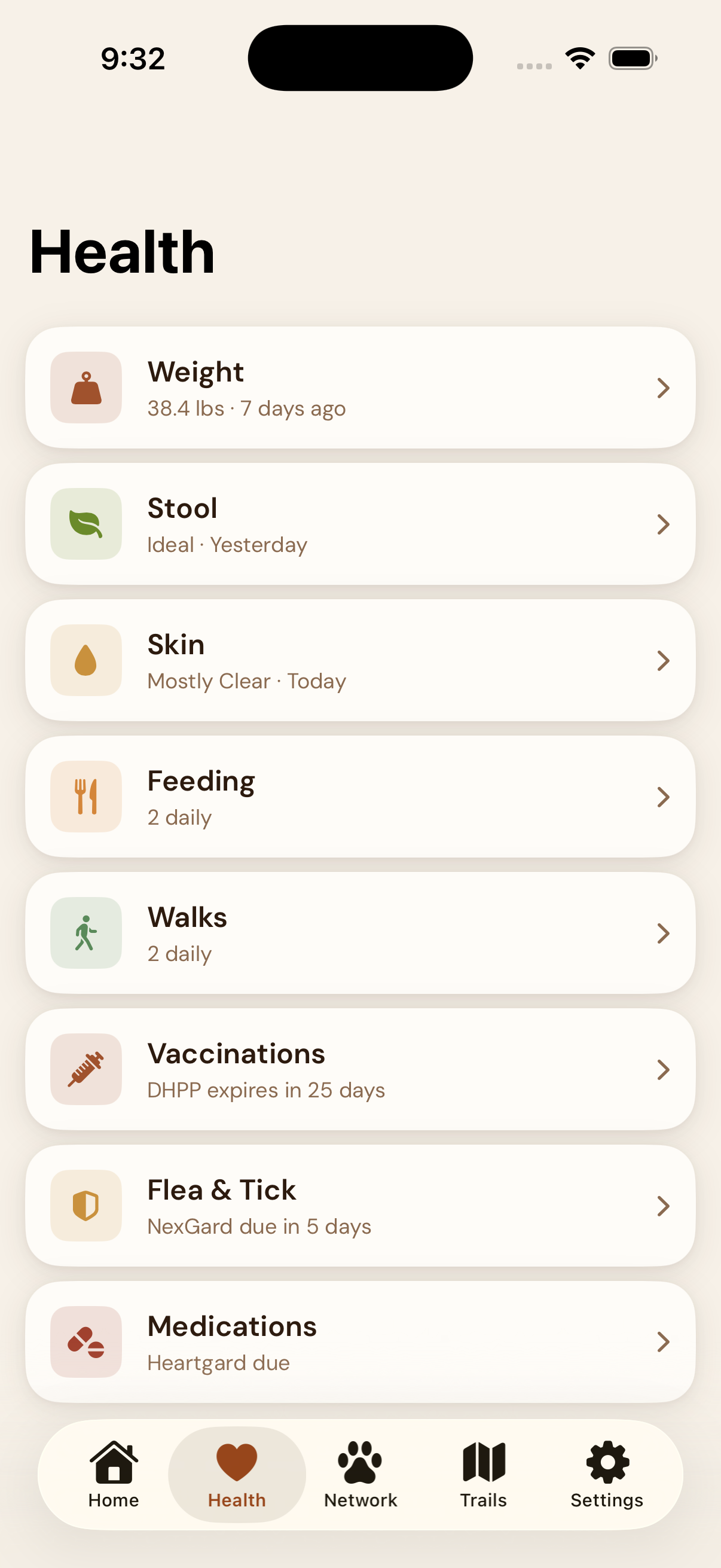 EmberPaws Health Hub — showing Weight, Stool, Skin, Feeding, Walks, Vaccinations, Flea and Tick, Medications