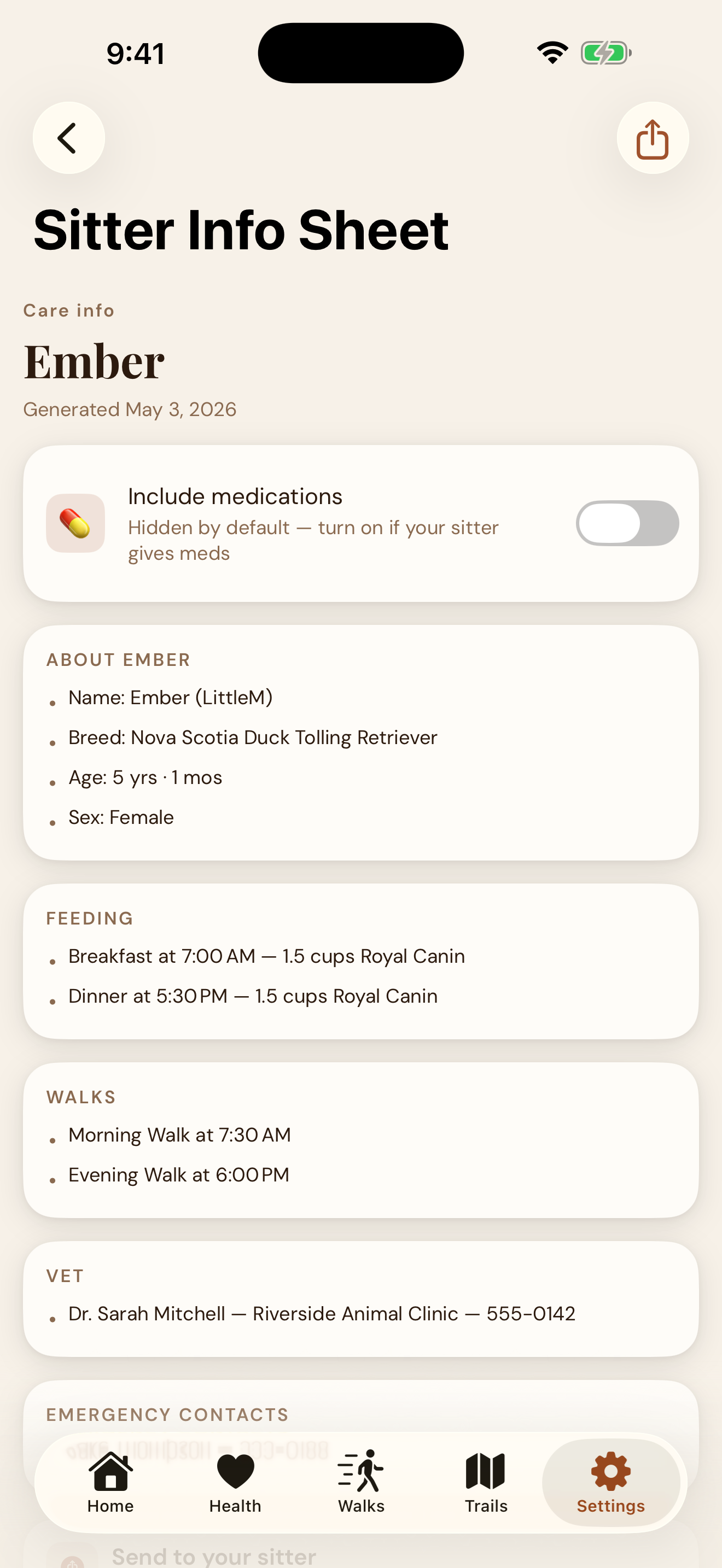 EmberPaws Sitter Info Sheet screenshot