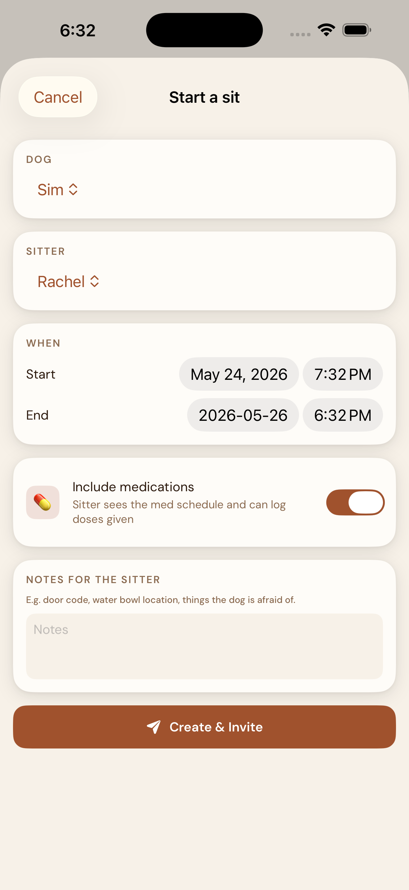 EmberPaws Sitter Mode — owner schedule form