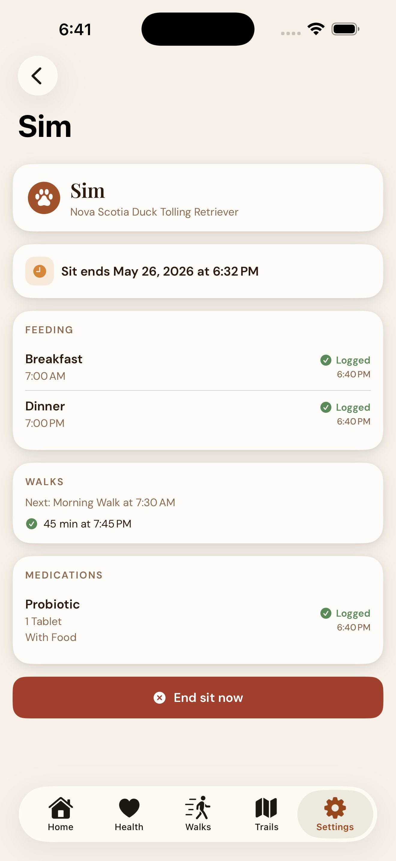 EmberPaws Sitter Mode — owner dashboard with logged events