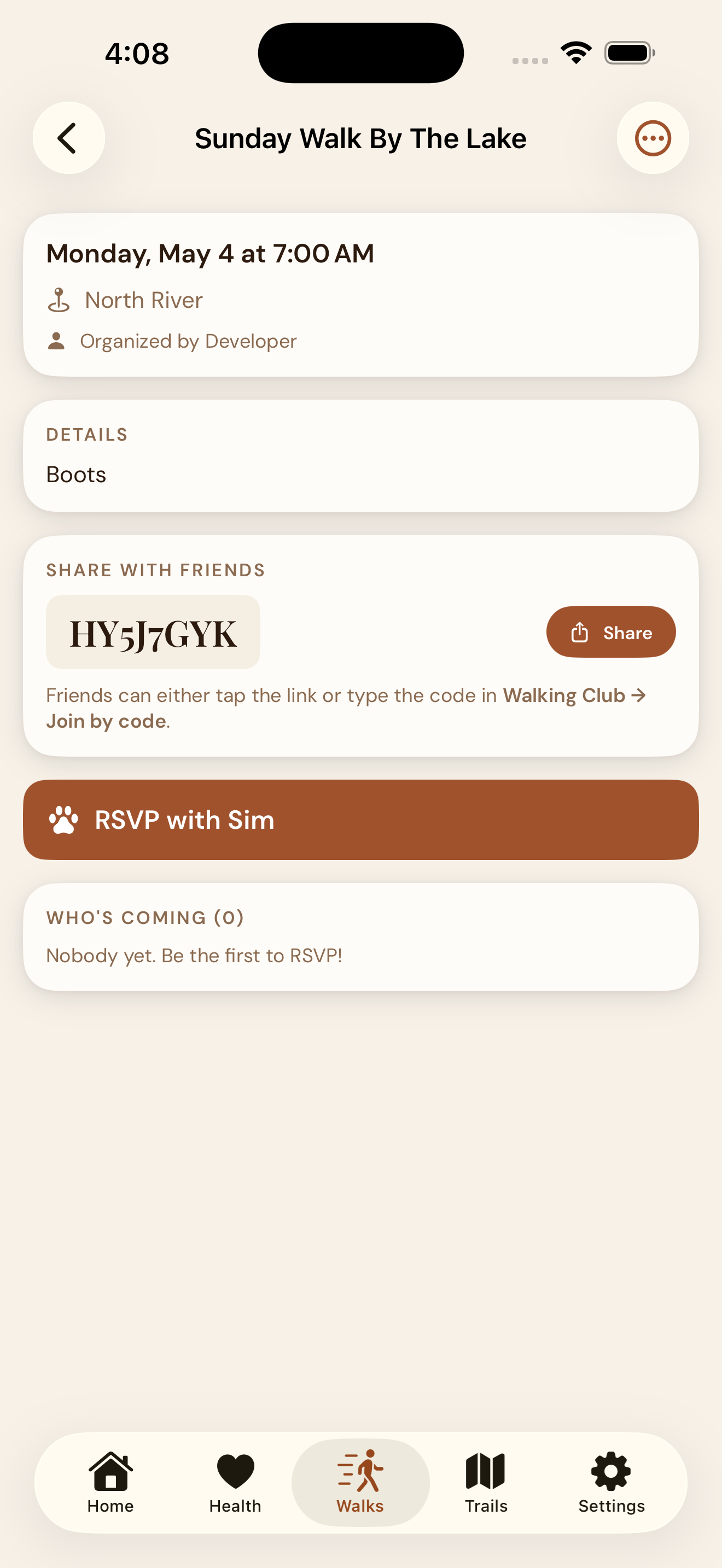 EmberPaws Walking Club — organizer view
