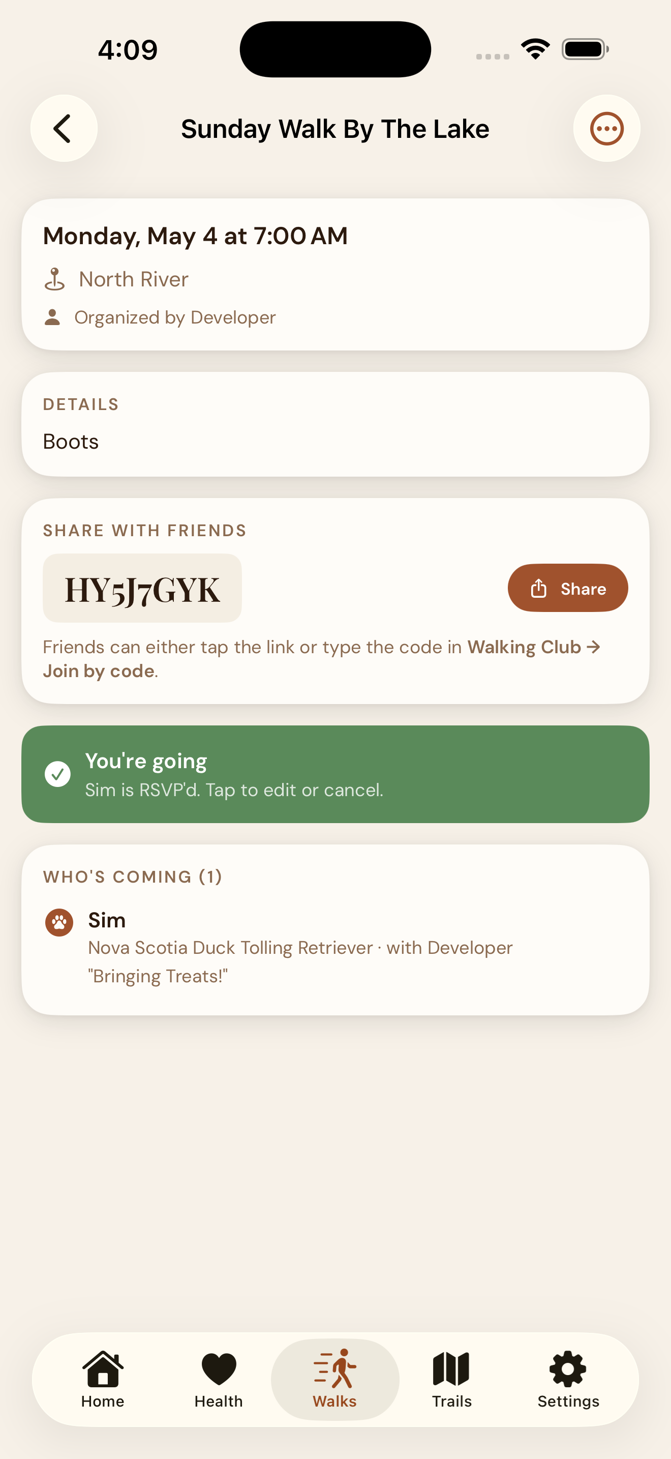 EmberPaws Walking Club — RSVP view